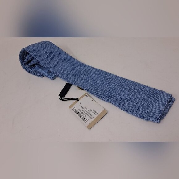 Burberry Men's 100% Silk Square Tie Slim Fit Light Sky Blue Sock Knit Italy 52" - Picture 1 of 12